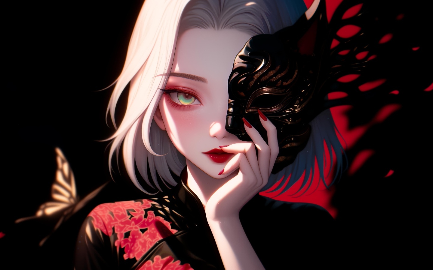 Девушка аниме в кимоно закрывает лицо маской