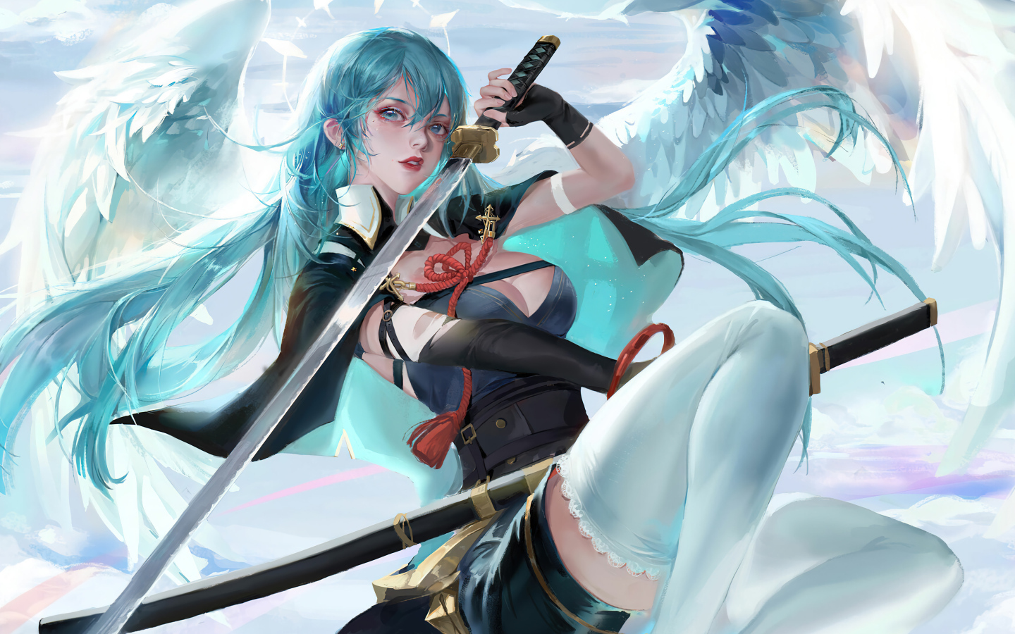 Девушка аниме с крыльями ангела с катаной в руках 