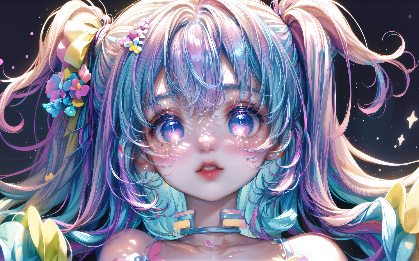 Девушка аниме с большими глазами и голубыми волосами