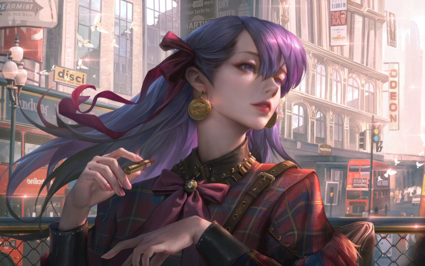 Девушка аниме с фиолетовыми волосами с помадой в руке