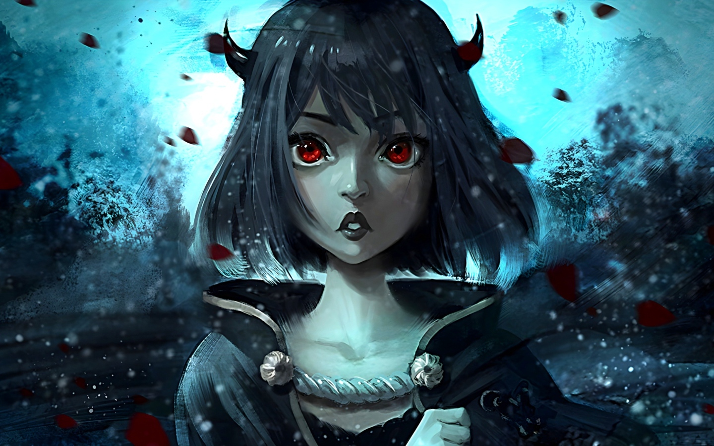 Девушка аниме с красными глазами и рогами на голове