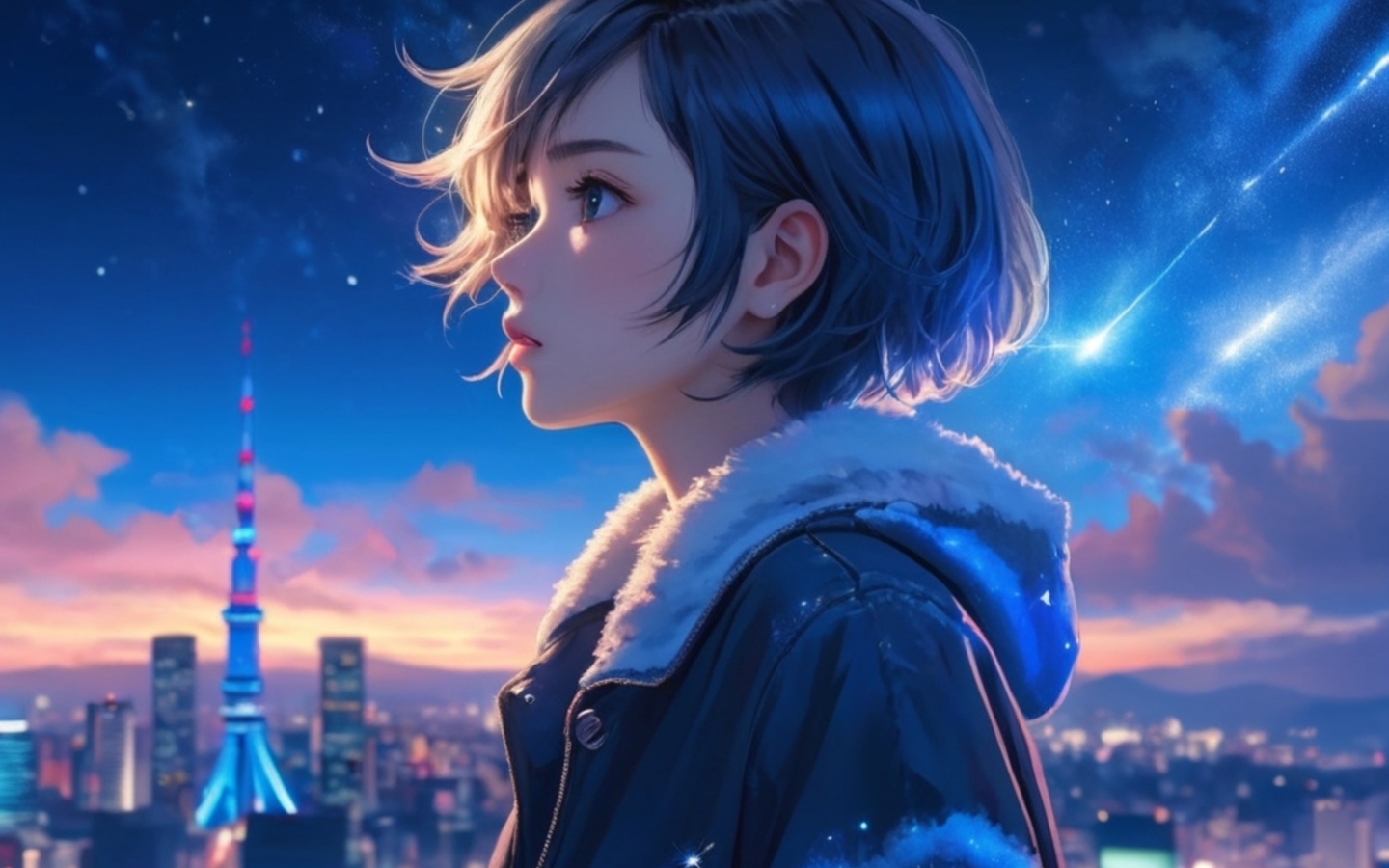 Девушка аниме с короткой стрижкой на фоне города