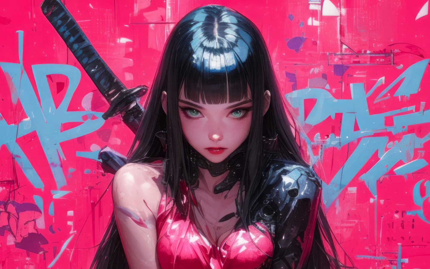 Суровая аниме девушка с катаной за спиной