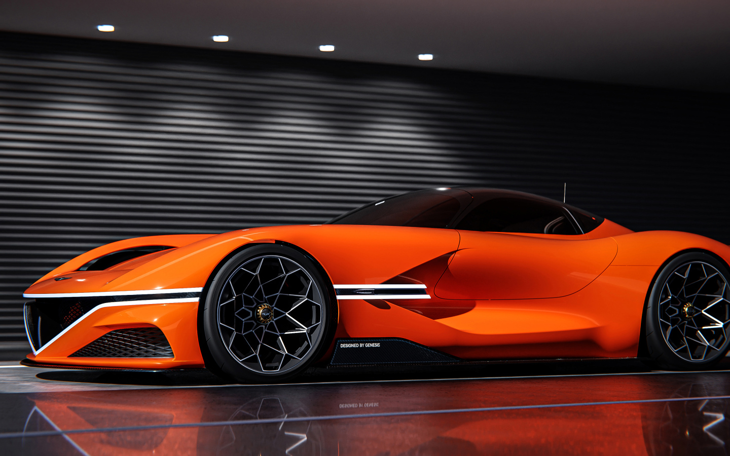 Быстрый оранжевый автомобиль Genesis X Gran Berlinetta вид сбоку