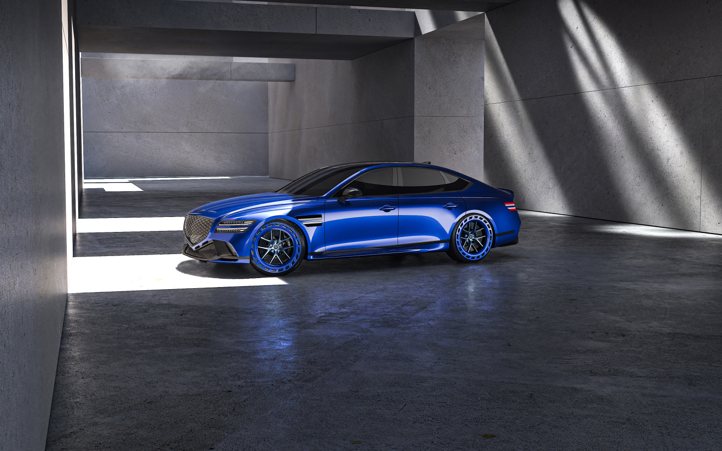 Вид сбоку на синий автомобиль  Genesis G80 EV Magma Concept 2024 года