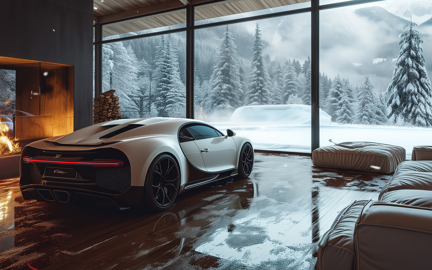 Автомобиль Bugatti Chiron Cozy в комнате зимой