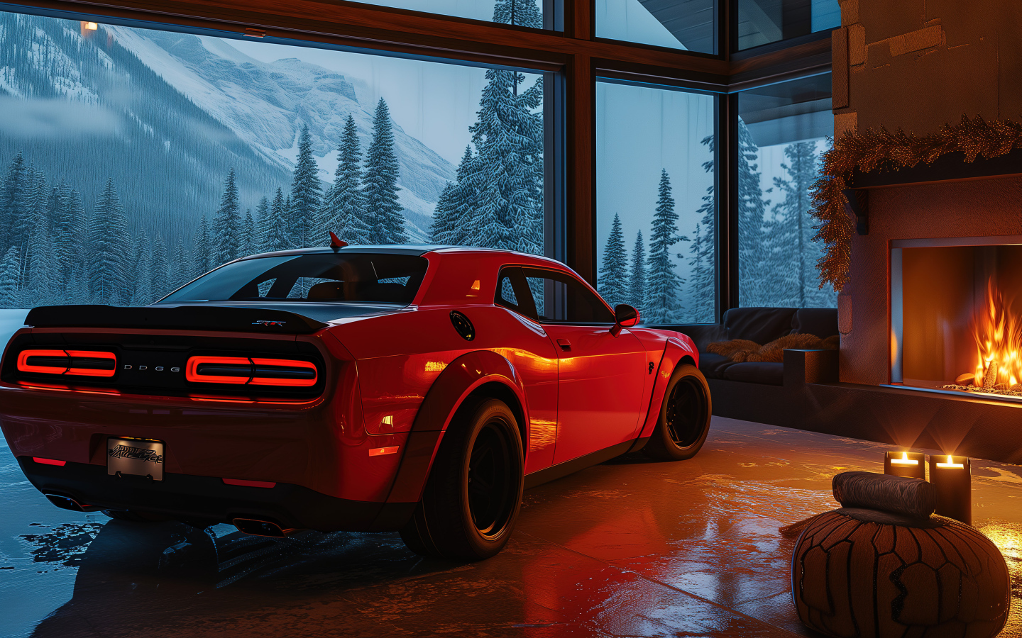 Вид сзади на красный автомобиль Dodge Challenger SRT Demon