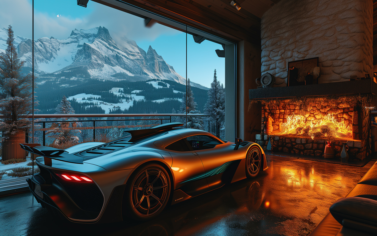 Автомобиль Mercedes-AMG ONE в комнате с камином