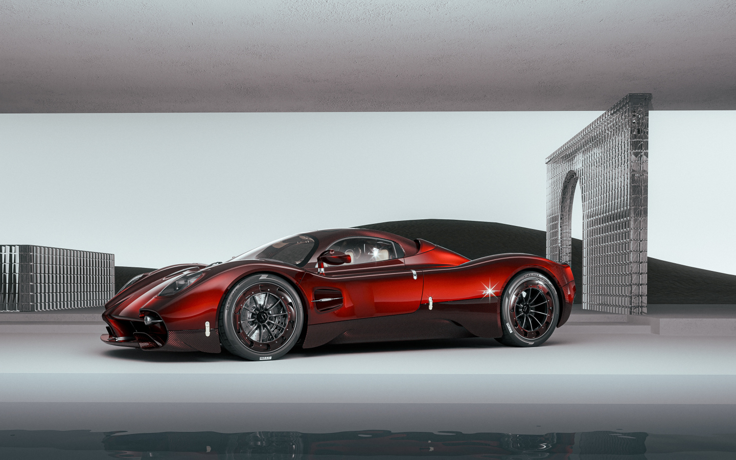 Вид сбоку на красный автомобиль  Pagani Utopia