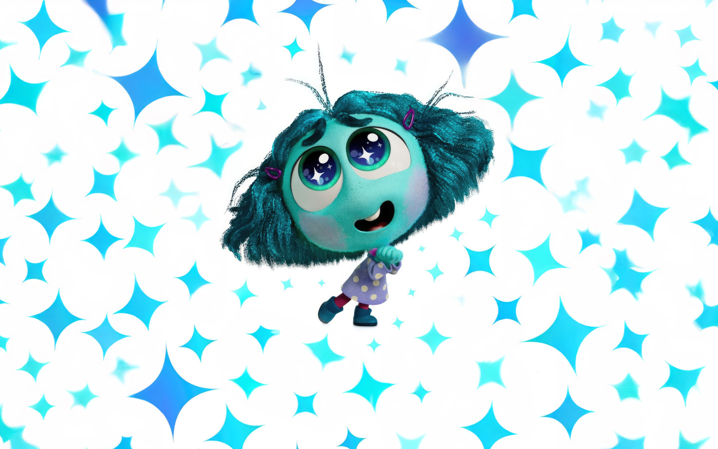 Милый персонаж Зависть на белом фоне с искрами из мультфильма Головоломка 2