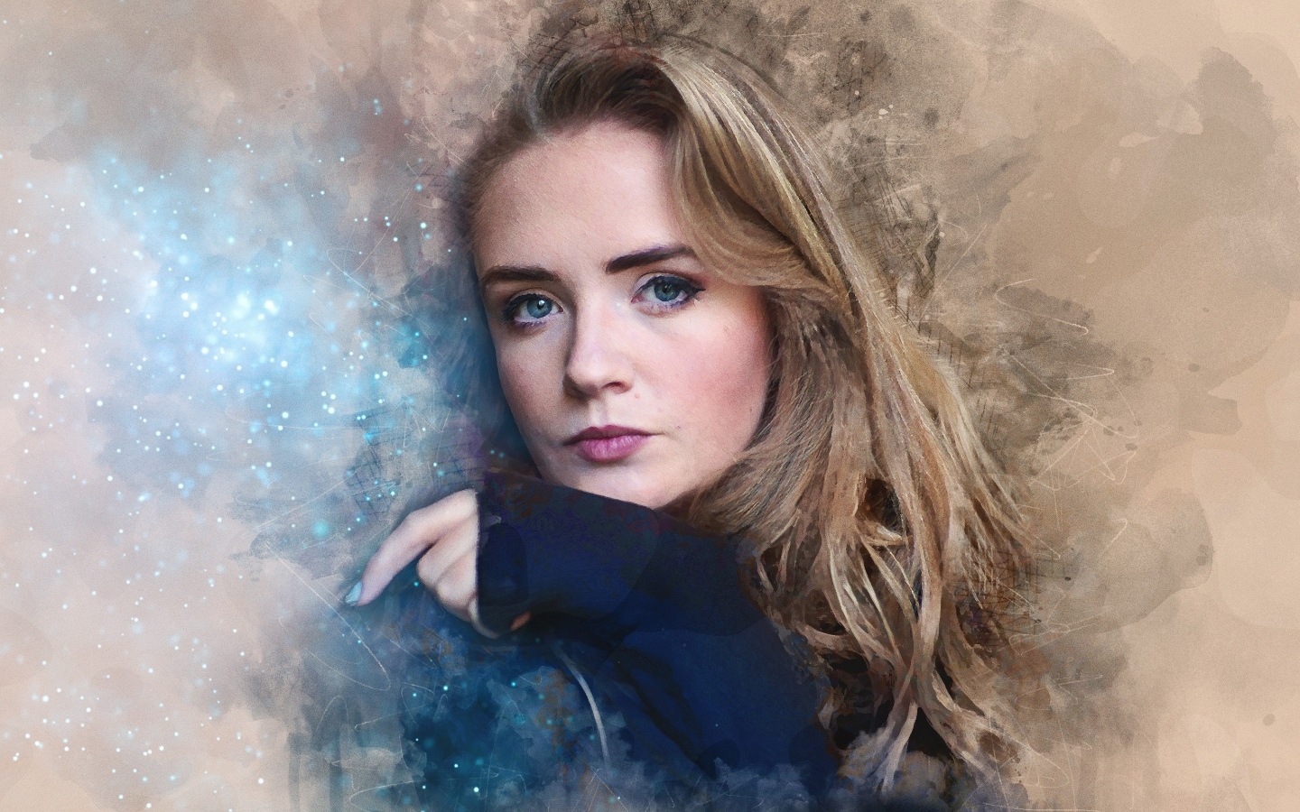 Красивая голубоглазая девушка на нарисованном фоне