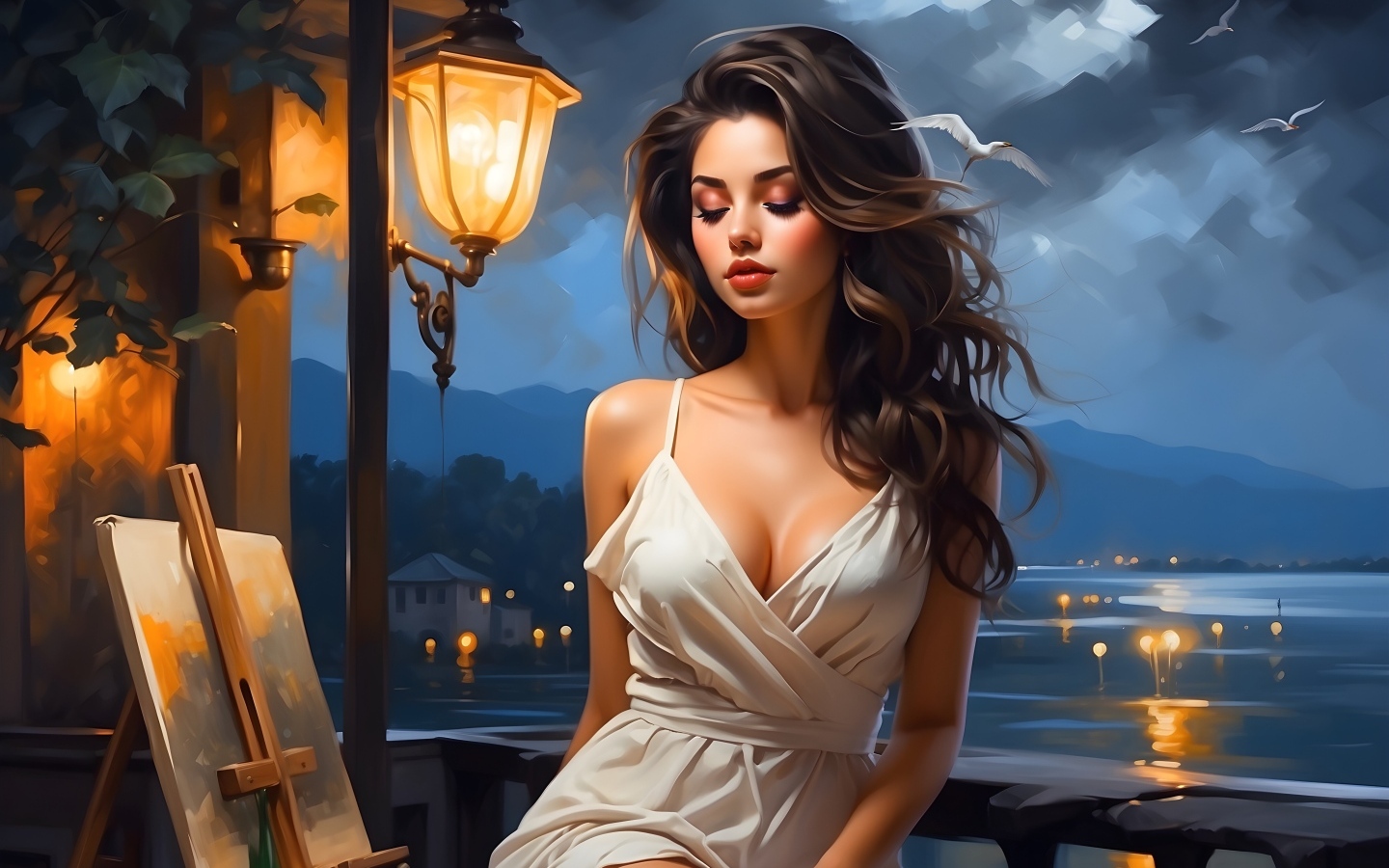 Красивая нарисованная девушка у воды