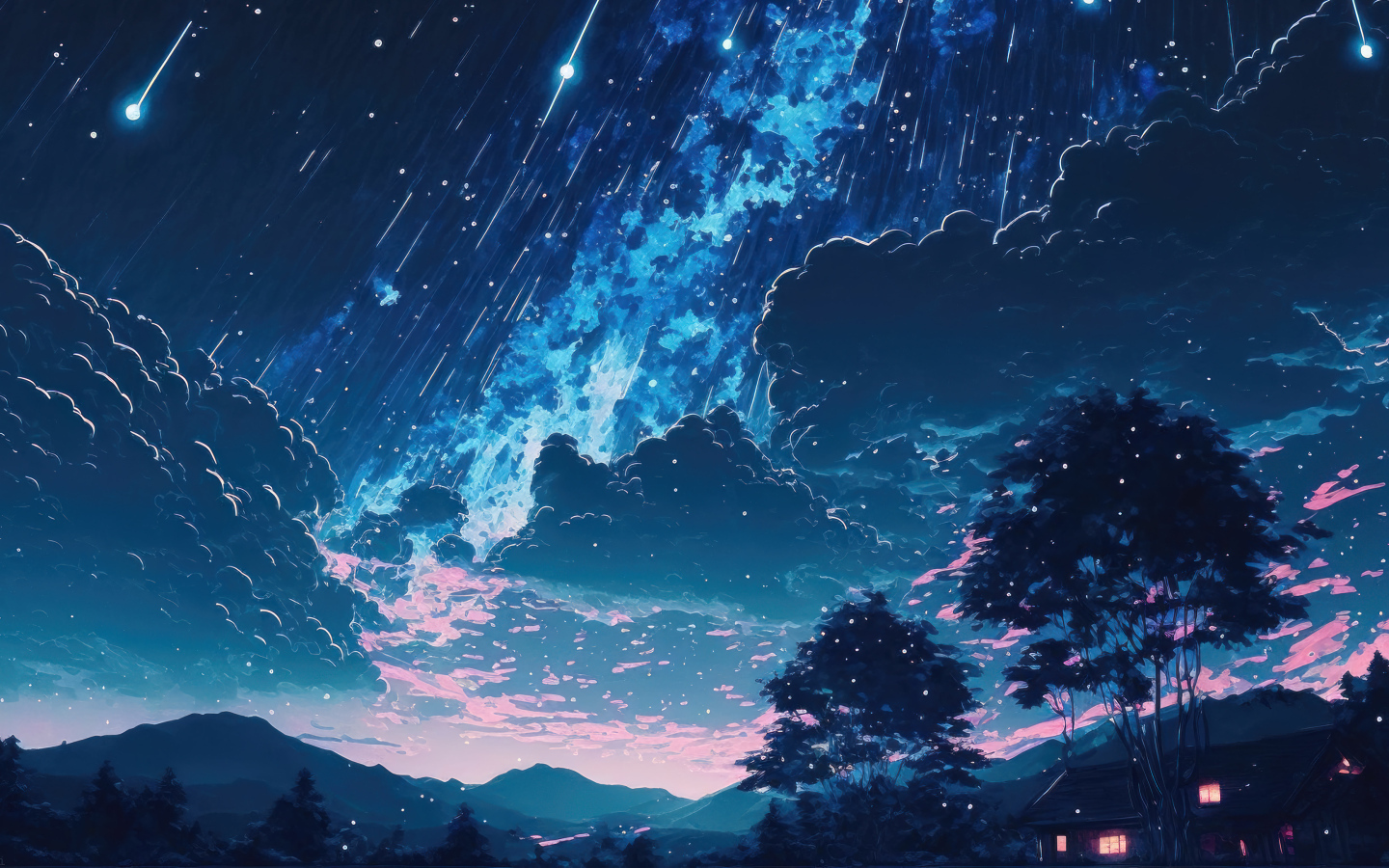 Черные нарисованные облака в небе в звездопад