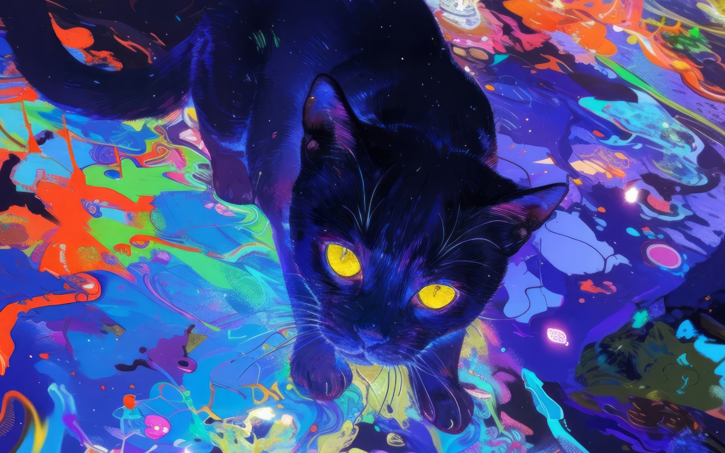 Нарисованный черный кот с желтыми глазами