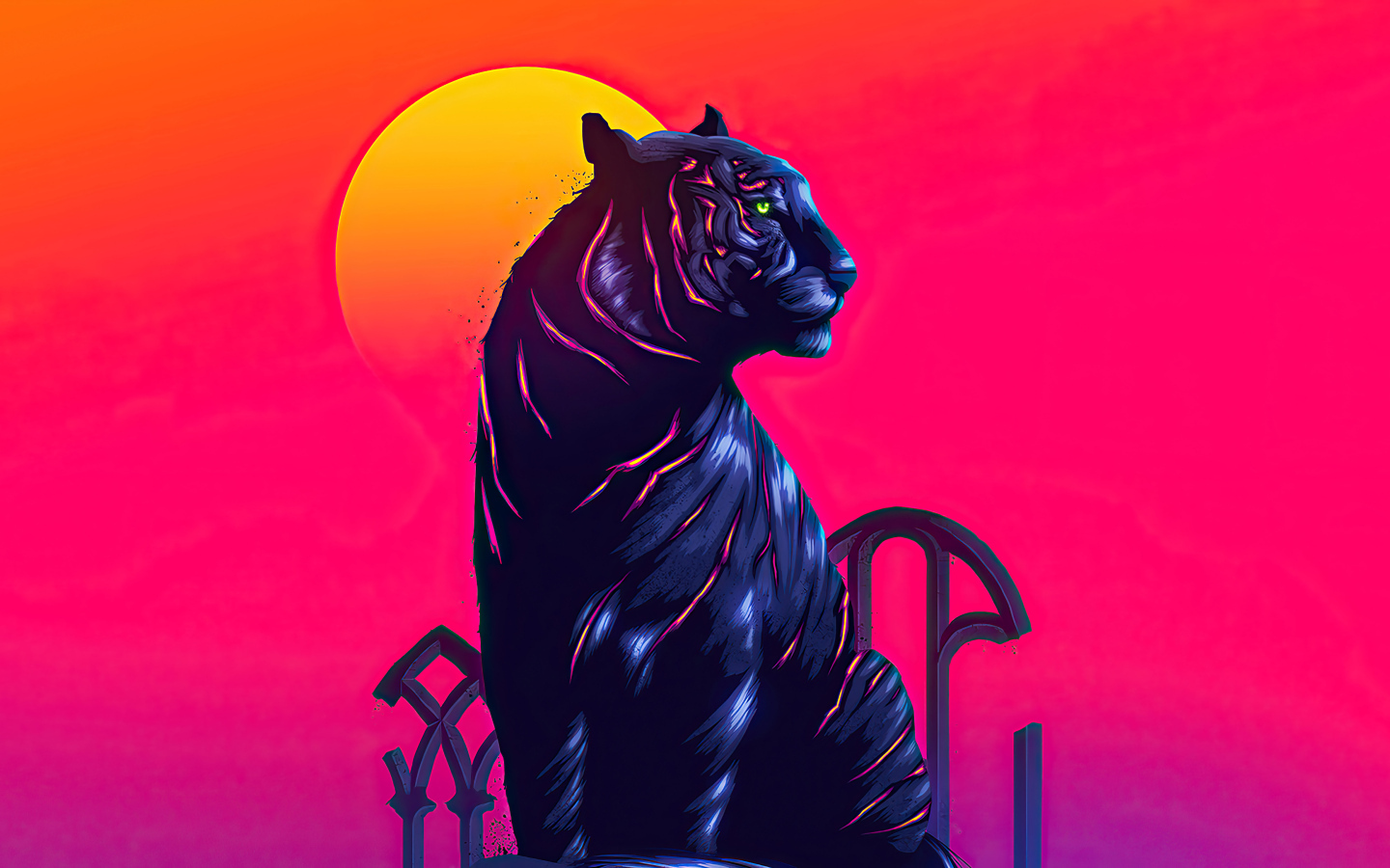 Нарисованный черный тигр на розовом фоне с луной