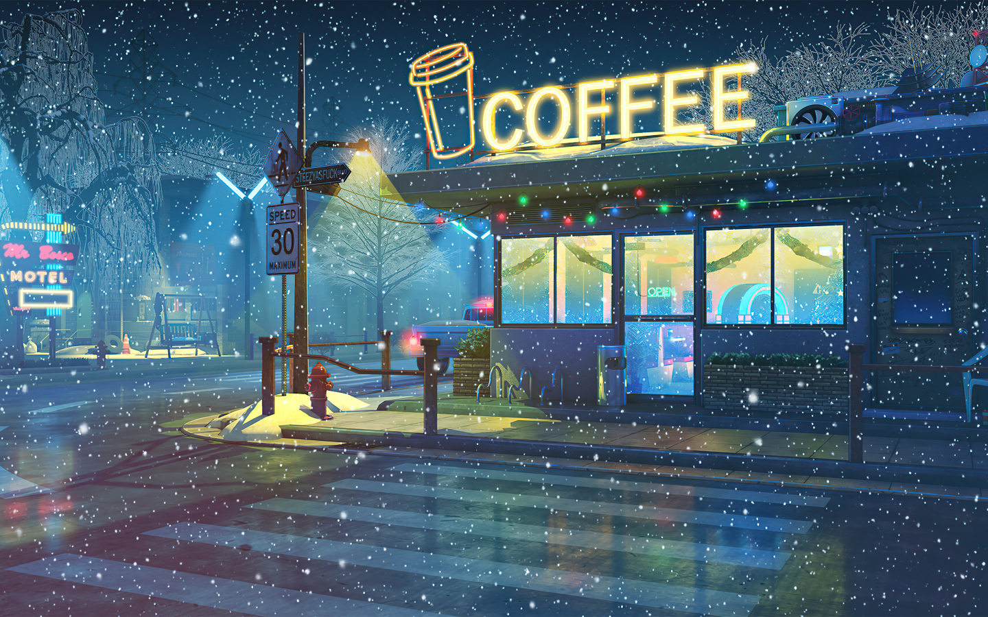 Нарисованное кафе ночью зимой