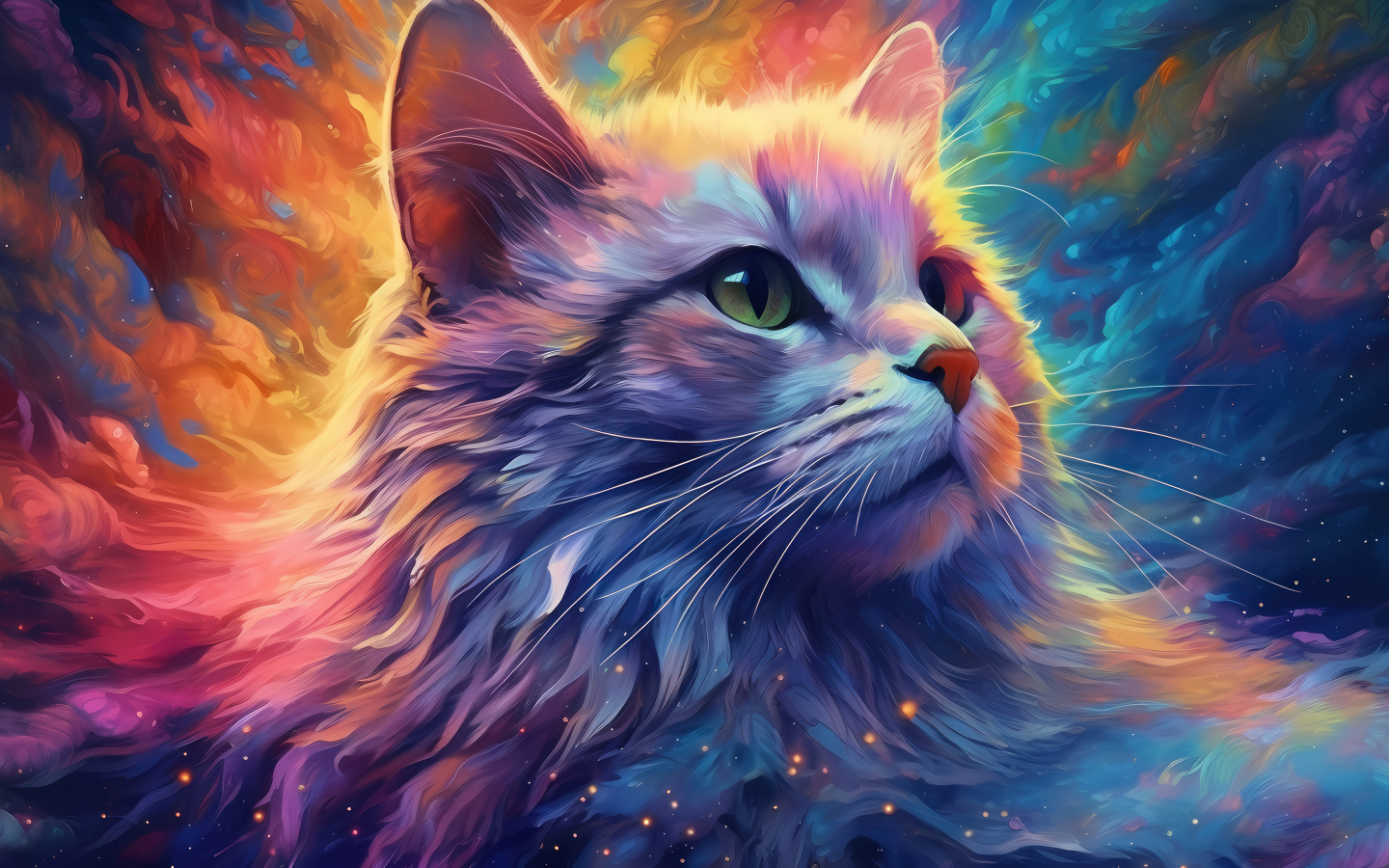 Нарисованная голова кота на разноцветном фоне