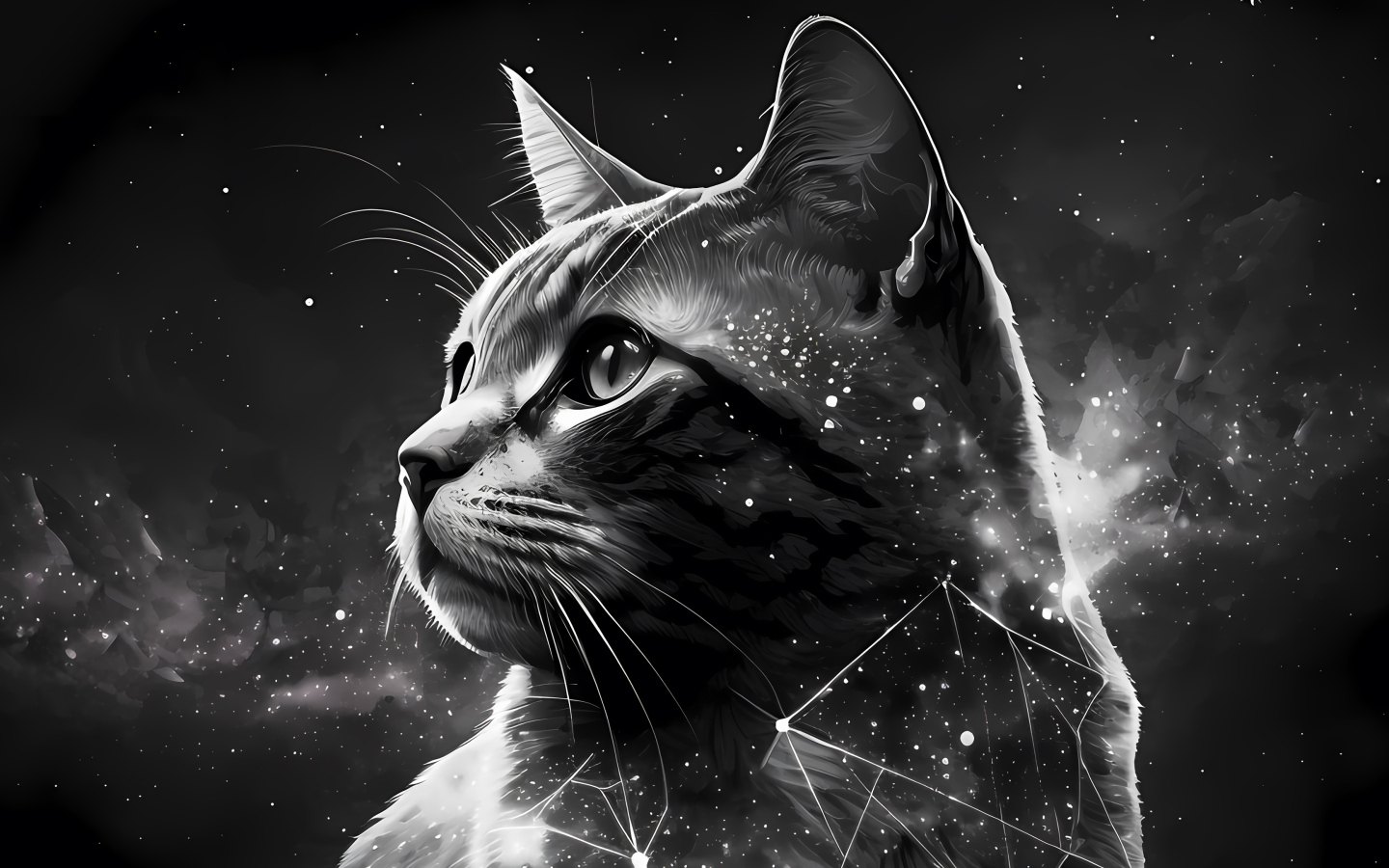 Нарисованный звездный кот на сером фоне