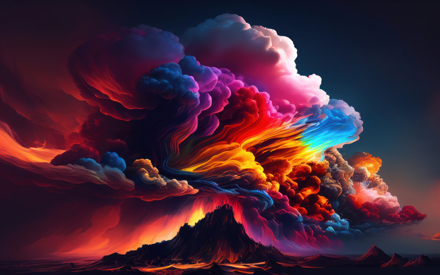 Большое разноцветное облако дыма над вулканом