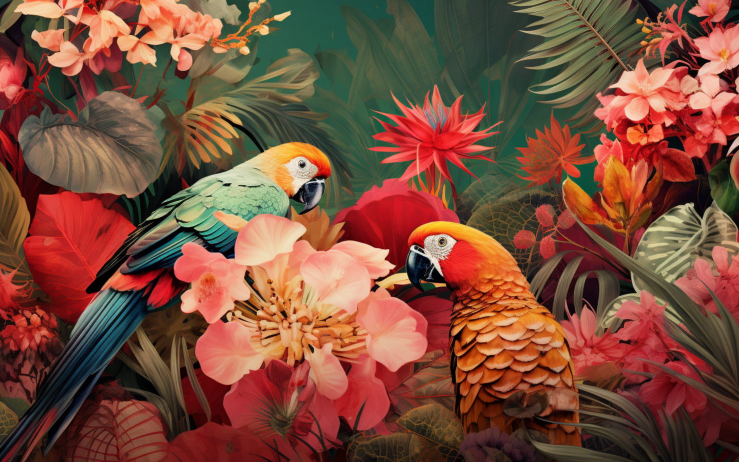 Два красивых попугая в цветах