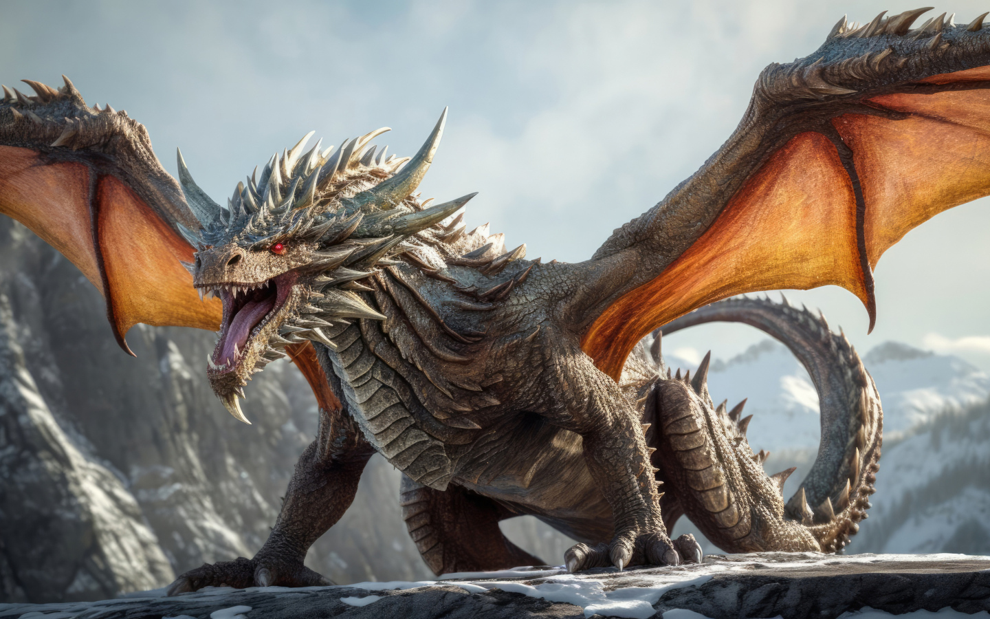 Дракон с расправленными крыльями и широко открытой пастью на горе