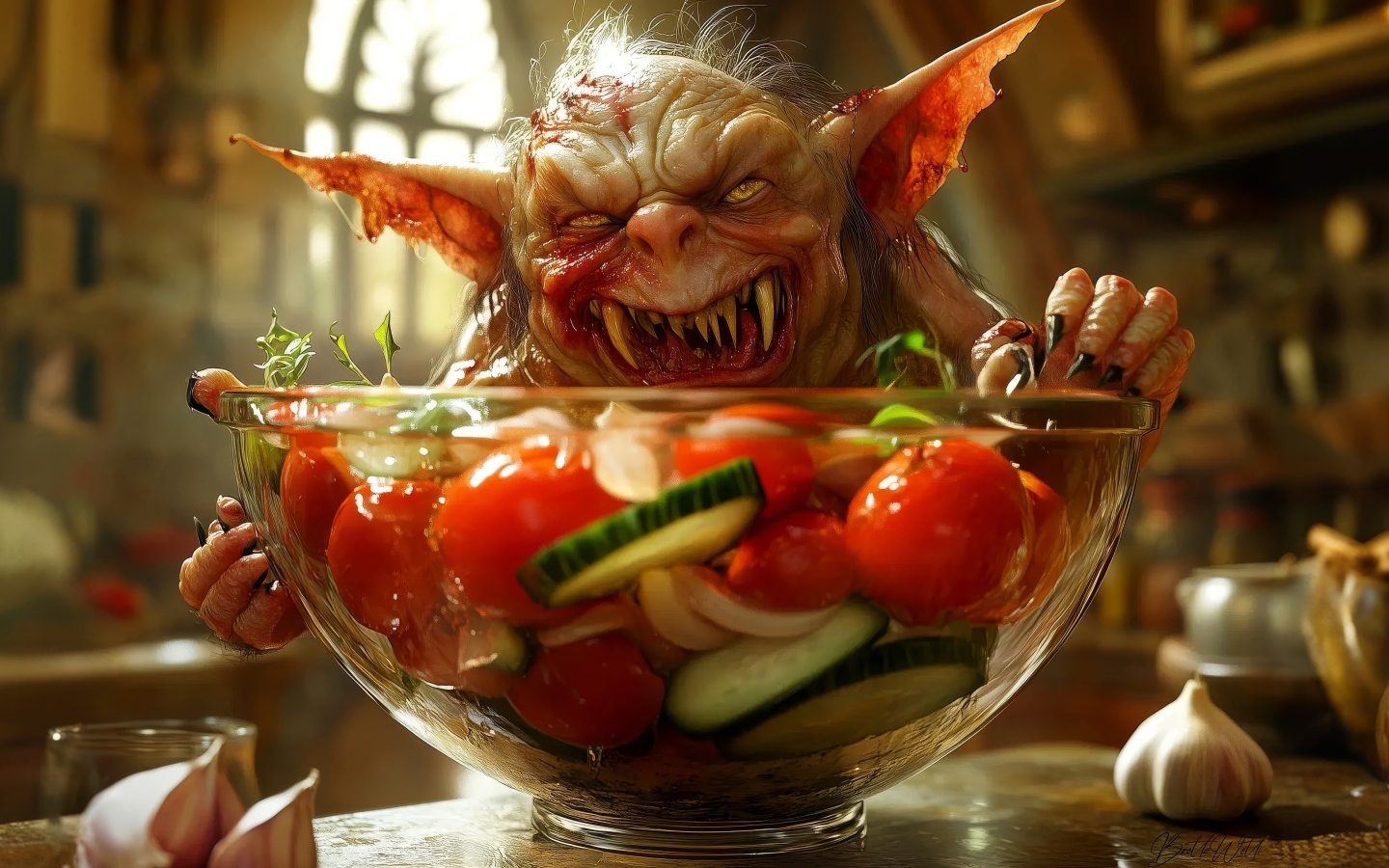 Маленький гремлин с острыми зубами стоит на кухонном столе с чашкой салата в руках