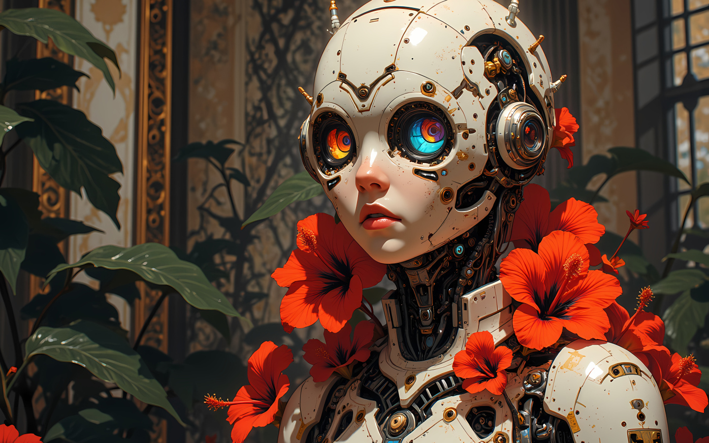 Андроид с большими глазами и телом на котором растут красные цветы
