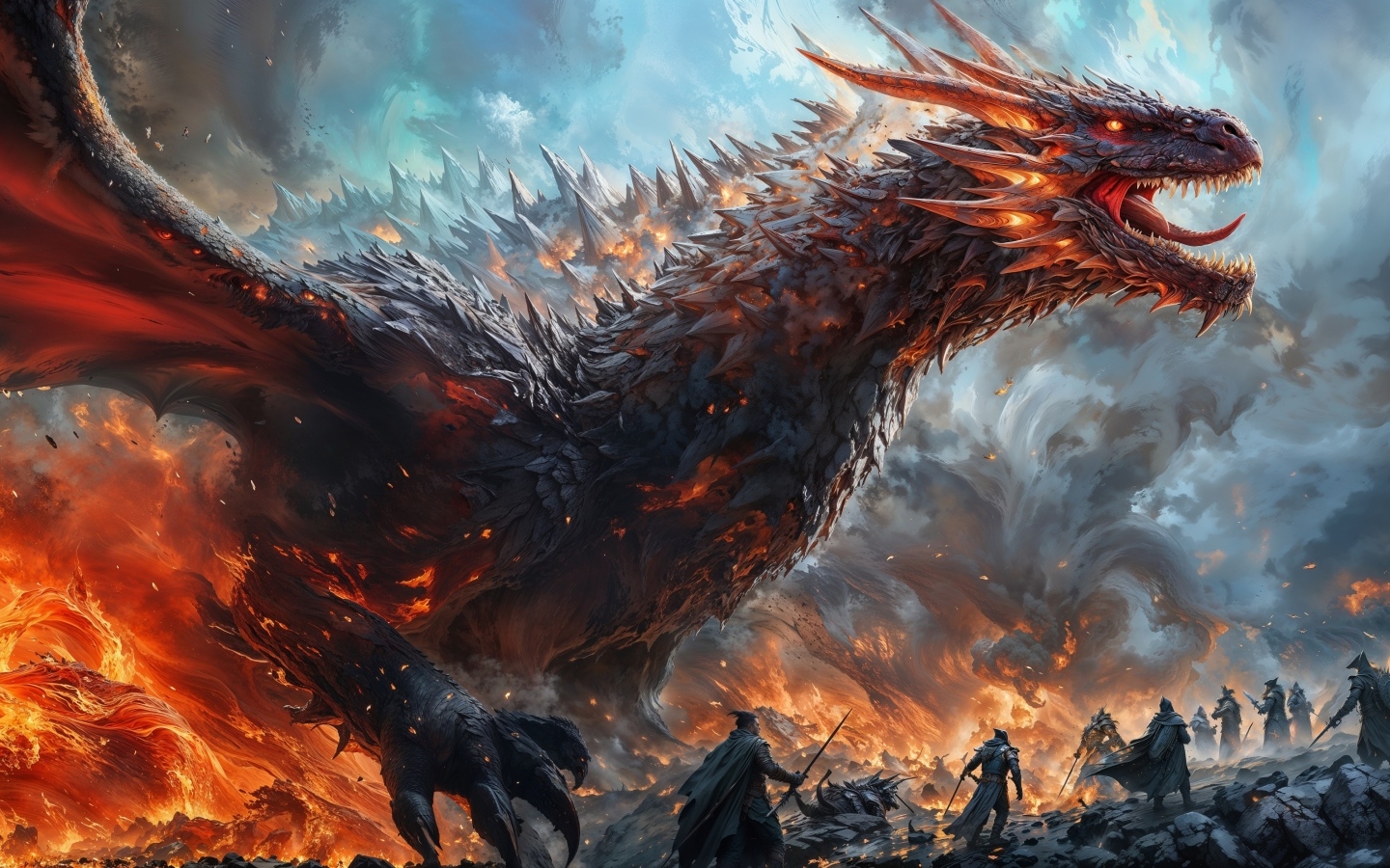Большой злой дракон в огне с воинами