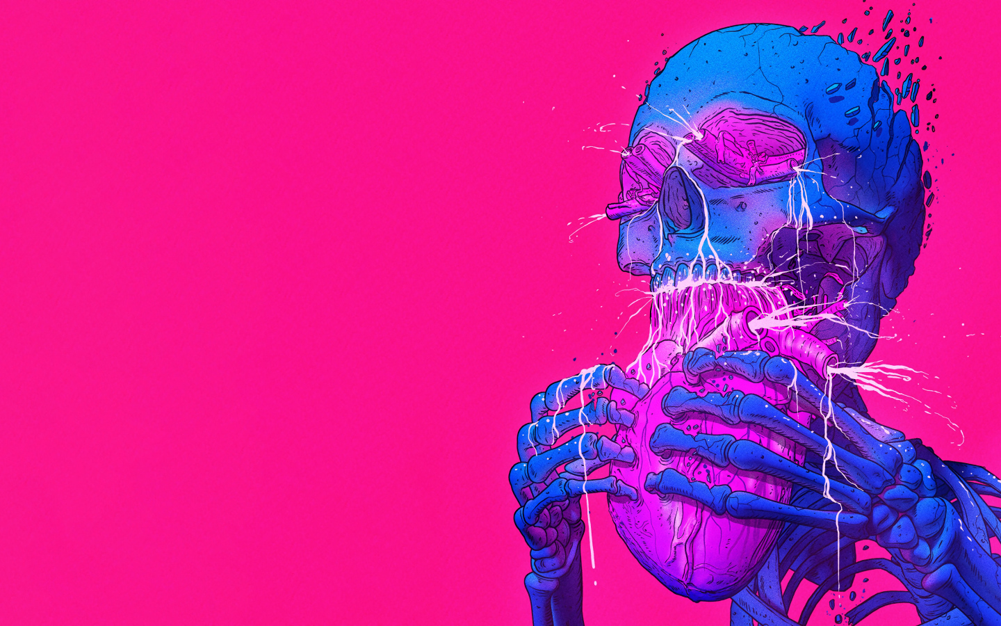 Синий скелет ест сердце на розовом фоне