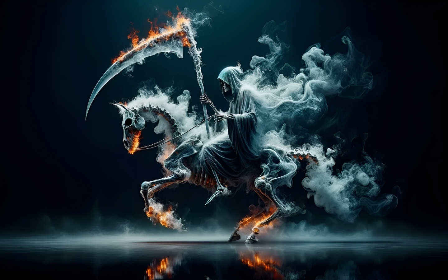 Смерть с косой скачет на скелете лошади в огне и дыму