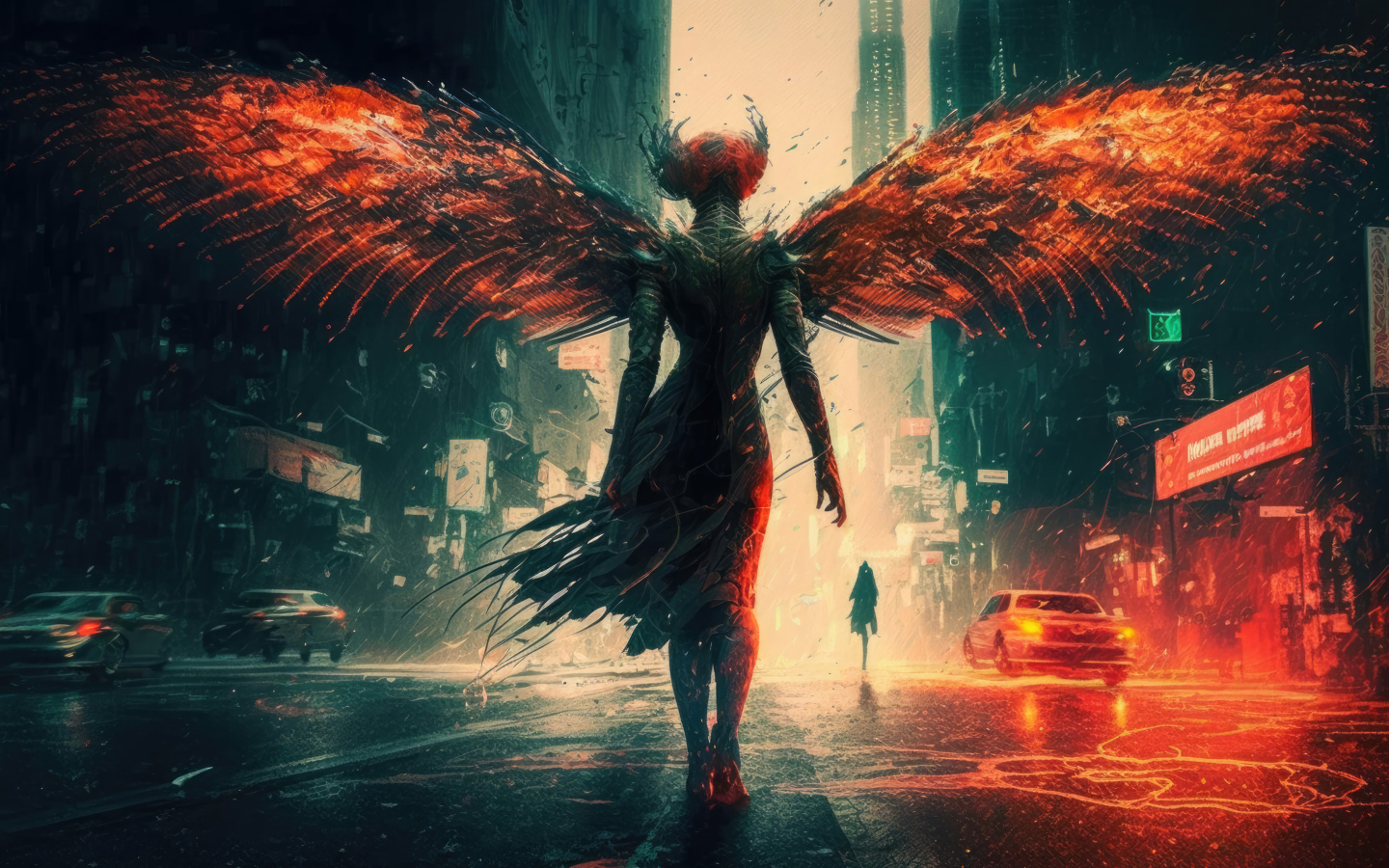 Девушка демон с крыльями на улице в городе