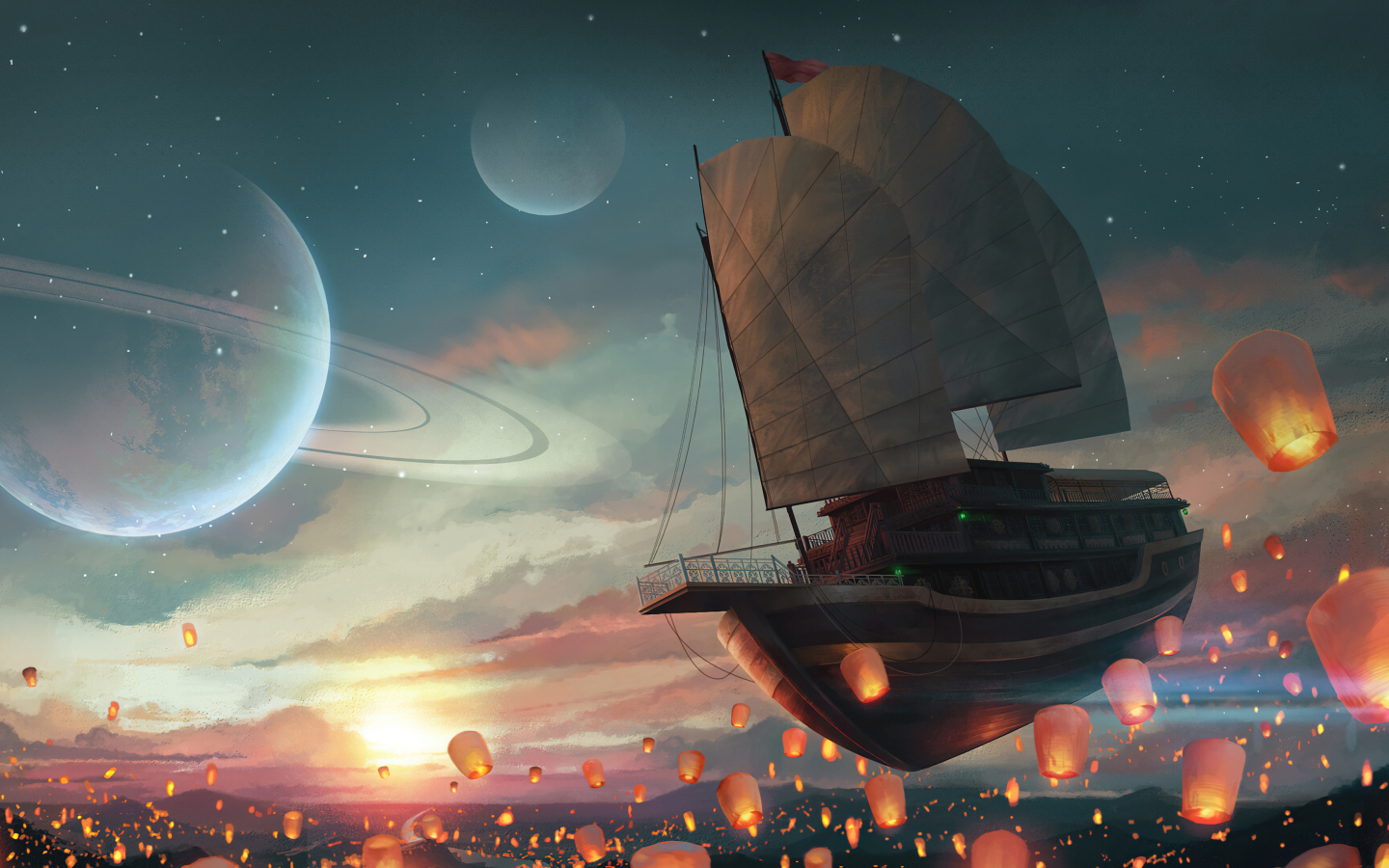 Летающий корабль в небе с китайскими фонариками