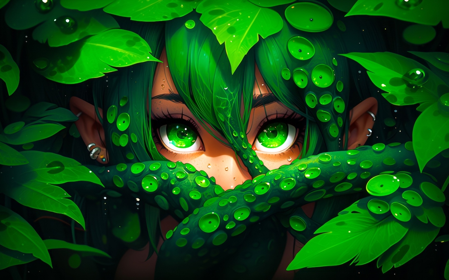 Лесная фея с зелеными глазами в зарослях