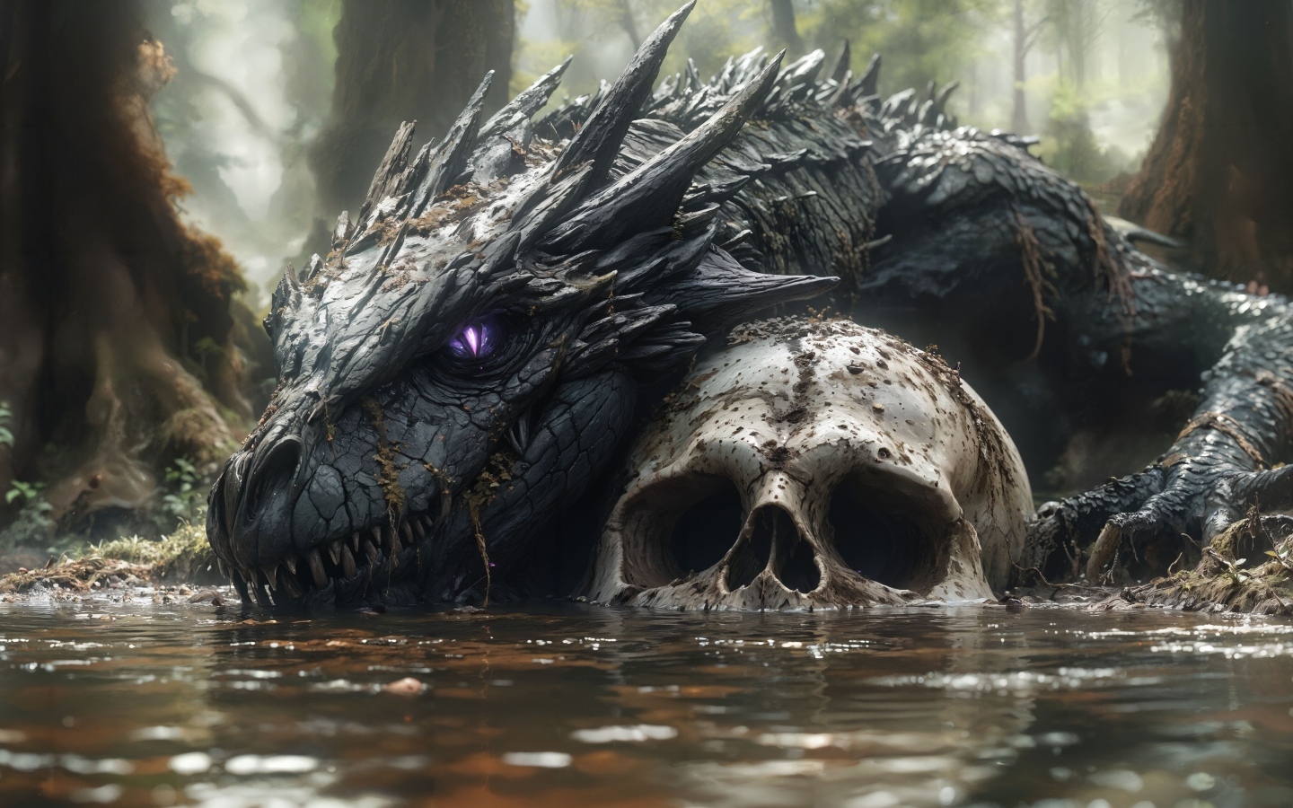 Лесной водяной монстр лежит в пруду на черепе