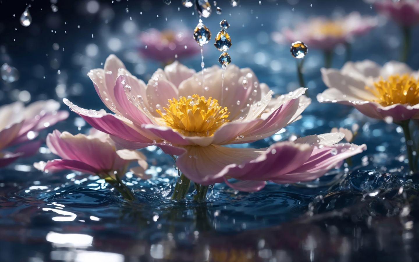 Розовые фантастические цветы в воде под дождем