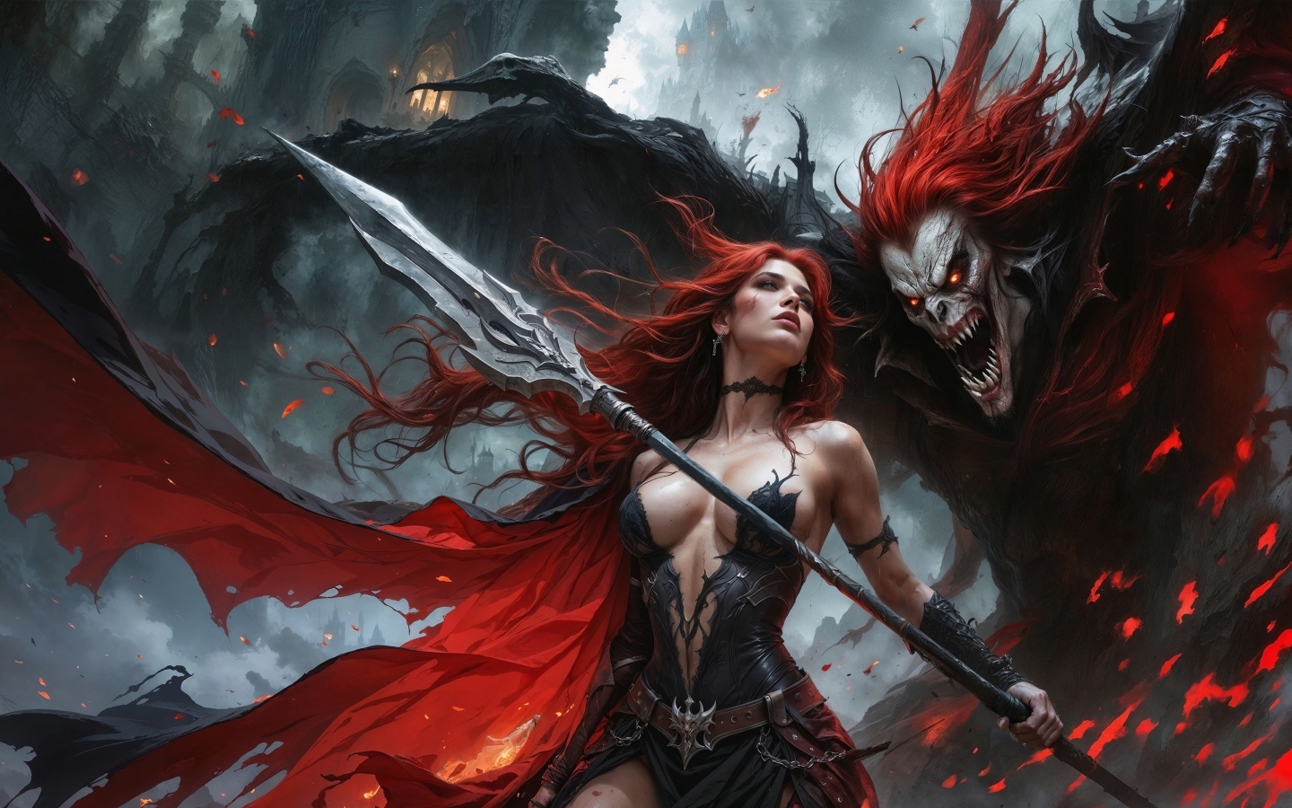 Рыжеволосая девушка с копьем с монстром