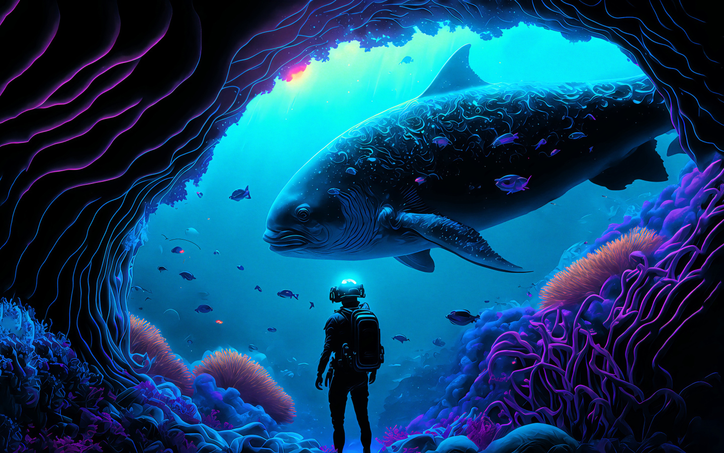 Аквалангист на морском дне с большой рыбой