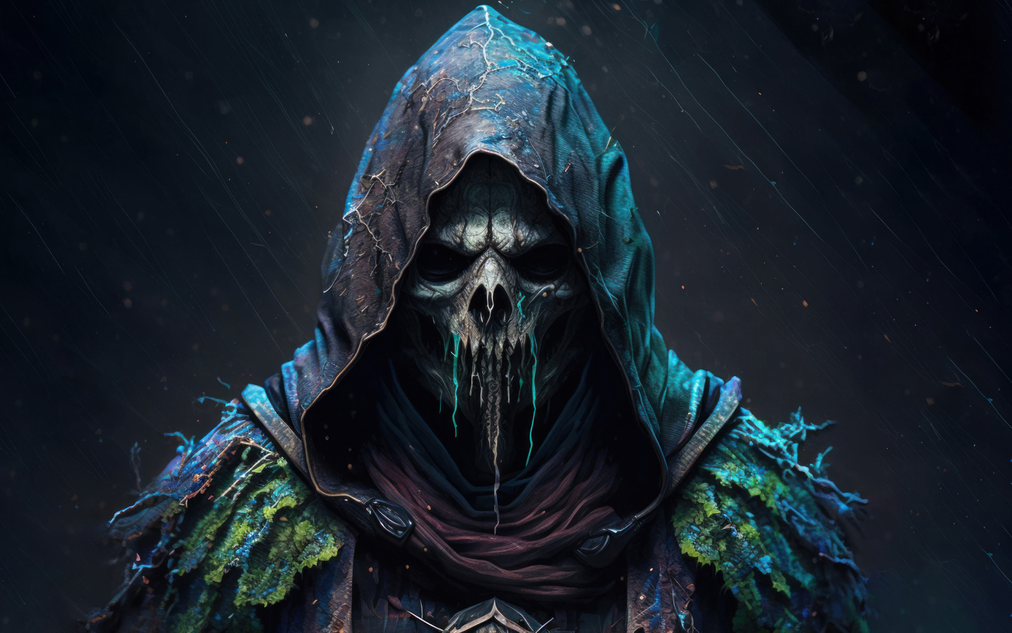 Скелет в плаще с капюшоном на черном фоне