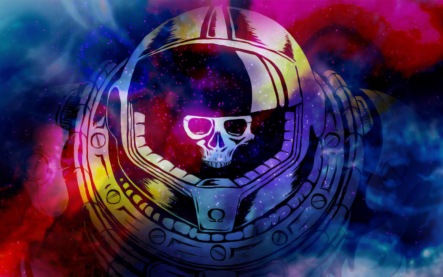 Череп в скафандре на разноцветном абстрактном фоне