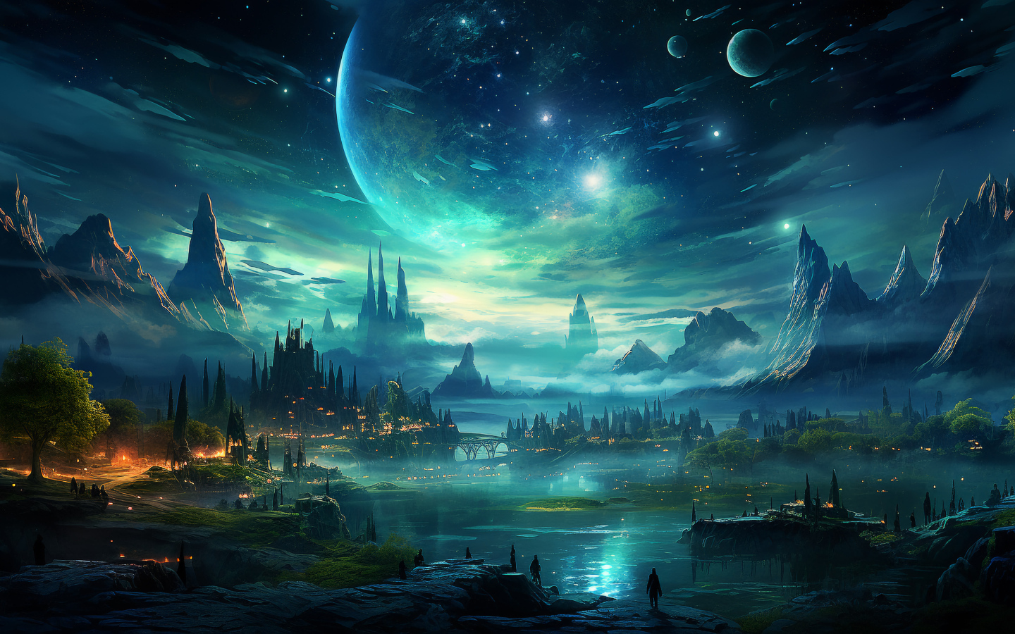 Вид на фантастический город ночью 