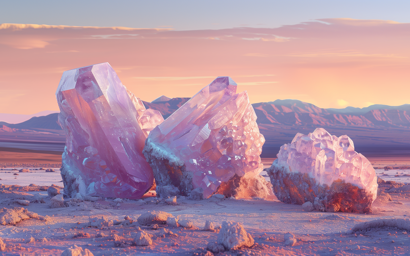 Большие розовые минералы на песке