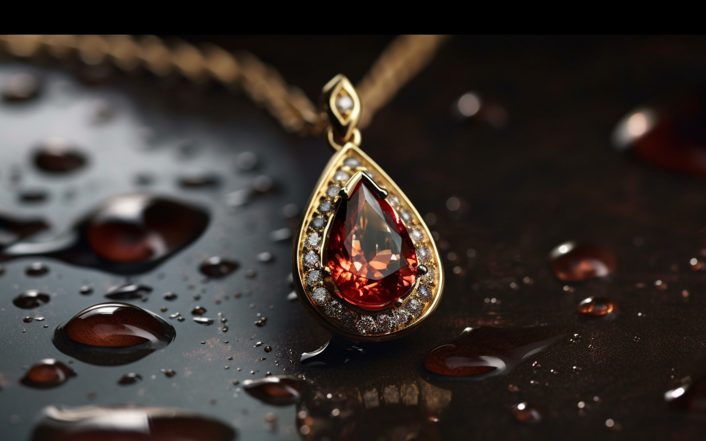 Кулон с красным камнем на мокрой поверхности 