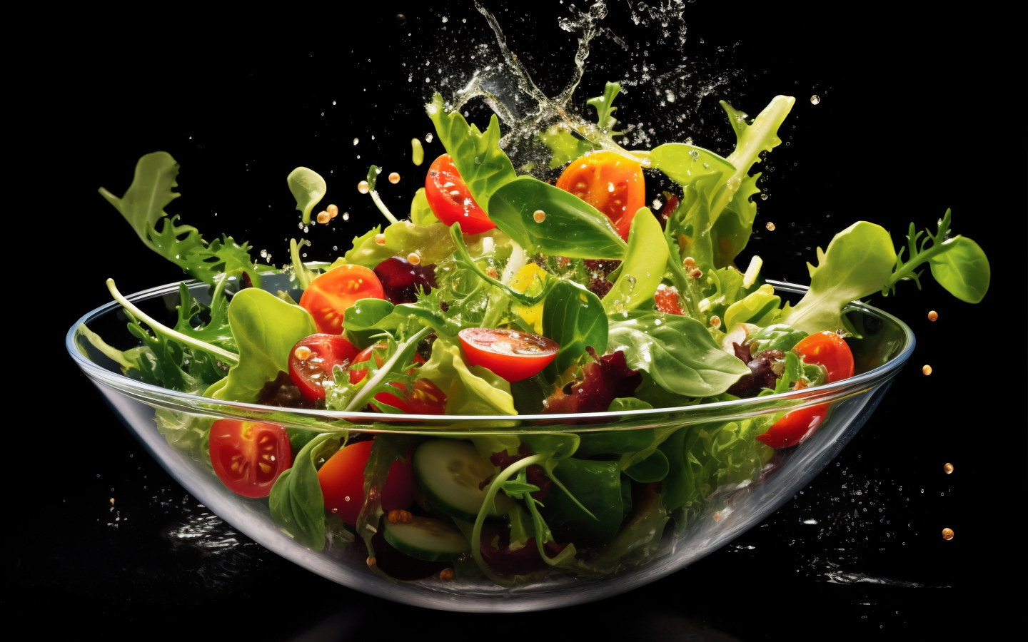 Свежий салат в стеклянной тарелке на черном фоне