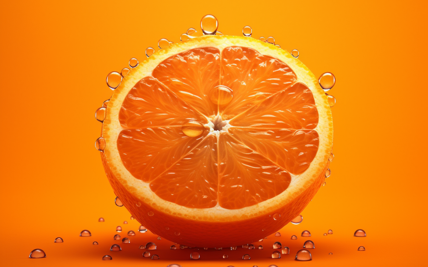 Половинка апельсина в каплях воды на оранжевом фоне