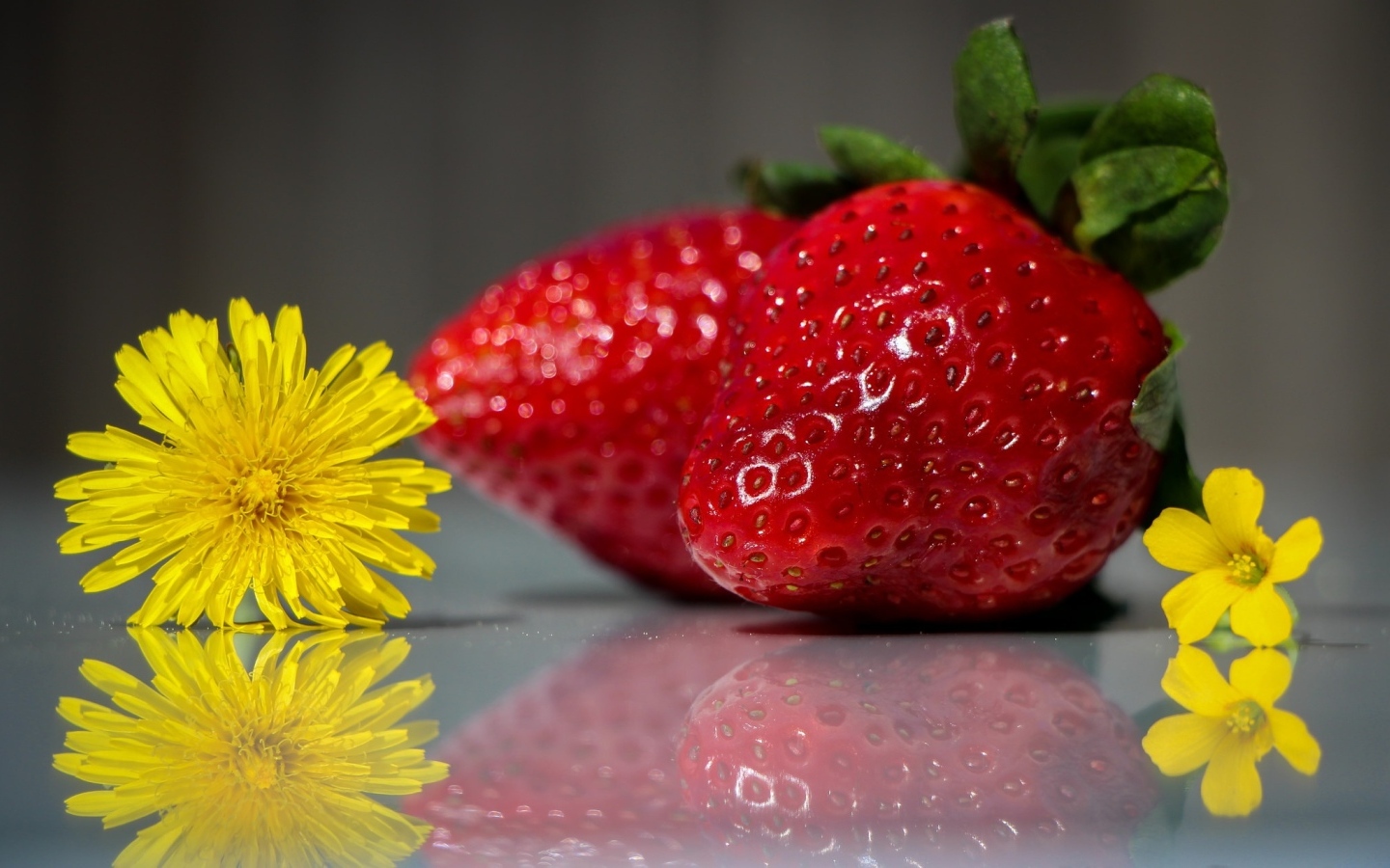 Клубника с одуванчиками на зеркальной поверхности