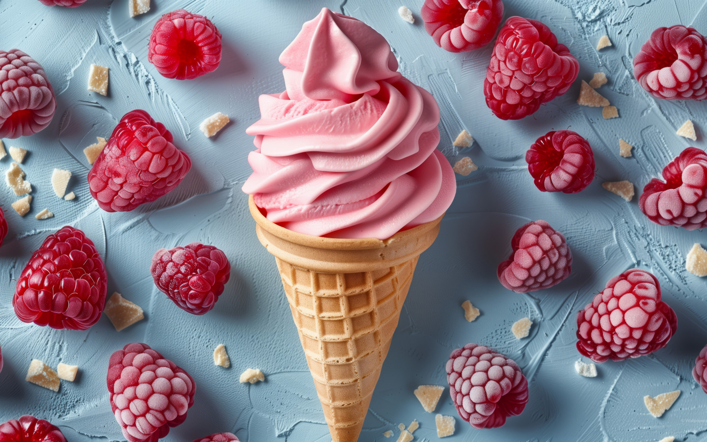Аппетитный вафельный рожок с мороженым и ягодами малины
