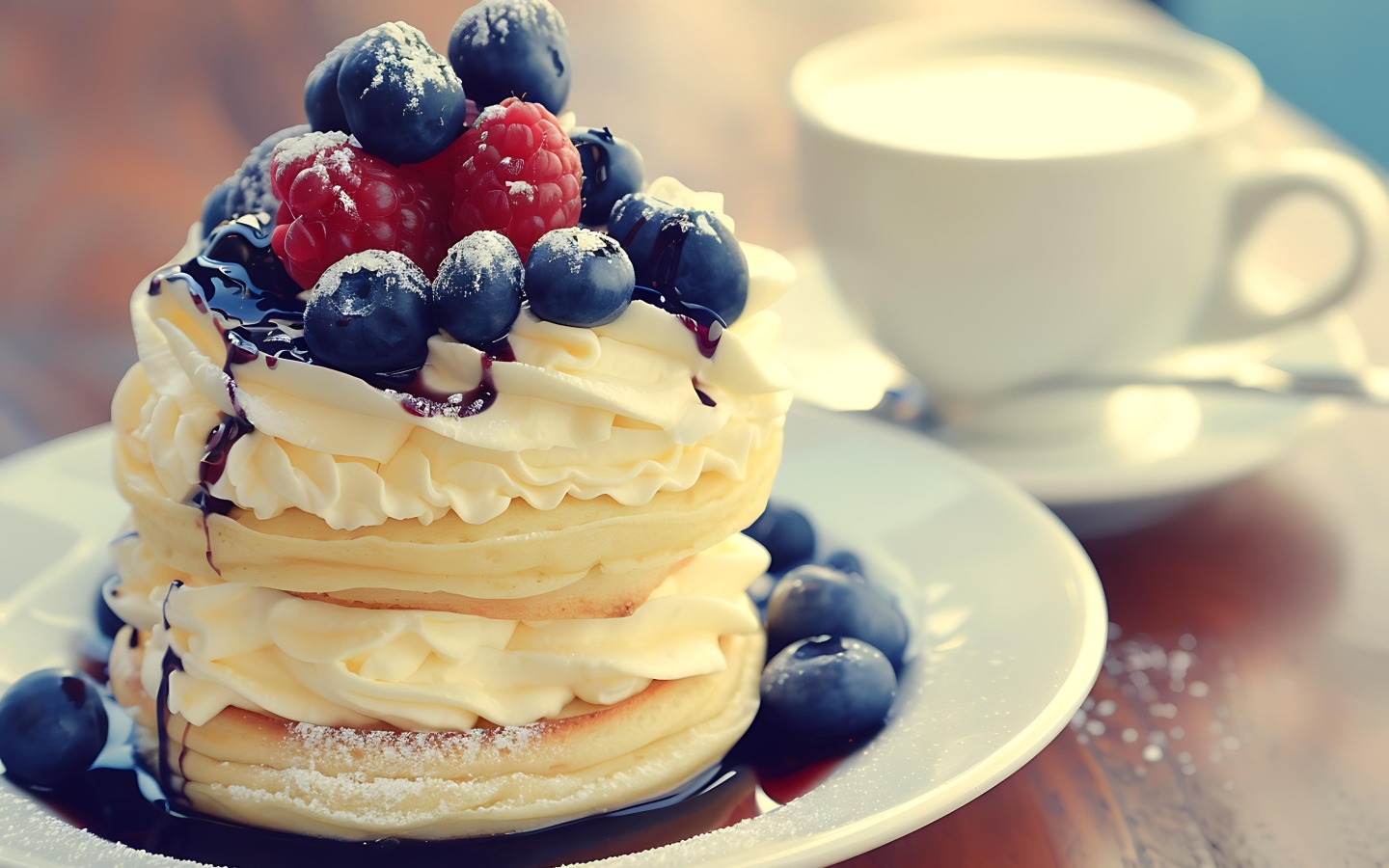 Сырники с кремом и ягодами на столе на завтрак