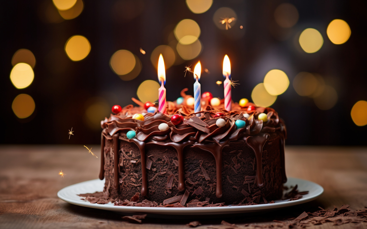 Шоколадный торт с тремя зажженными свечками