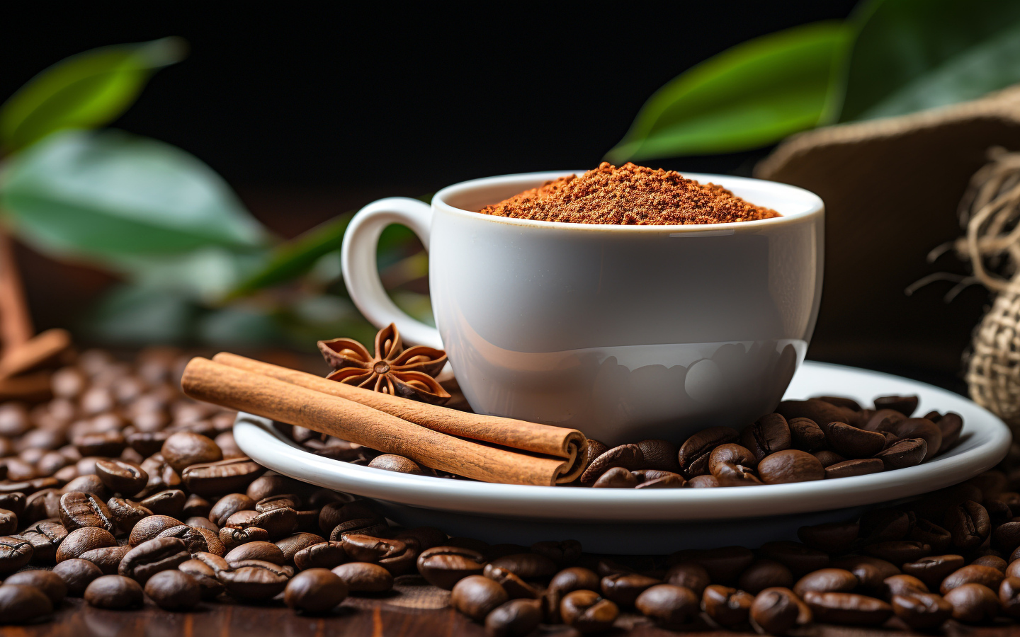 Чашка с молотым кофе на столе с зернами и корицей