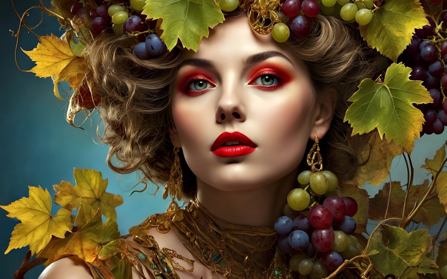 Красивая нарисованная девушка в винограде